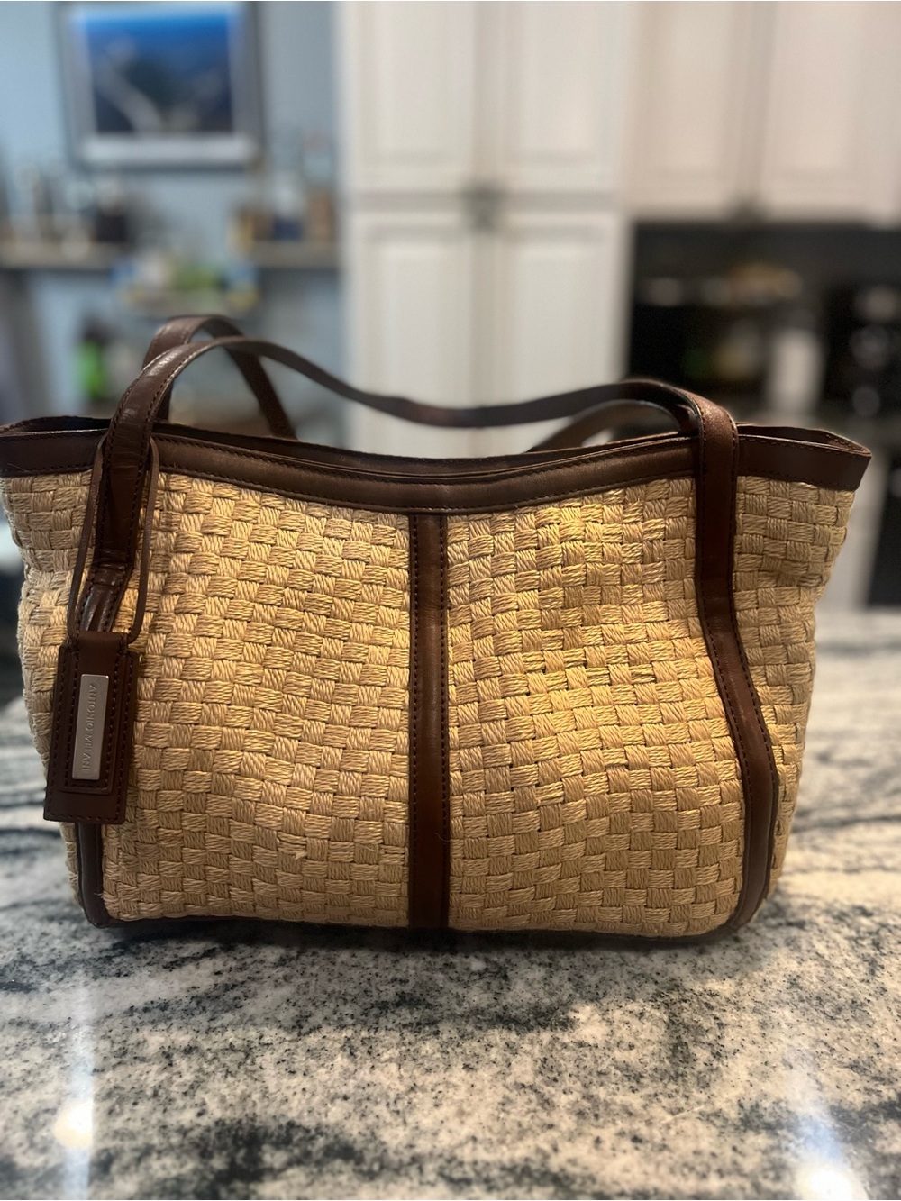 ANTONIO MELANI Natural Woven Tote with Brown Trim